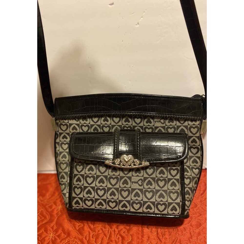 Faux Alligator‎ &  Fabric Handbag, Embossed Hearts Blackw/ Silver Heart Accents